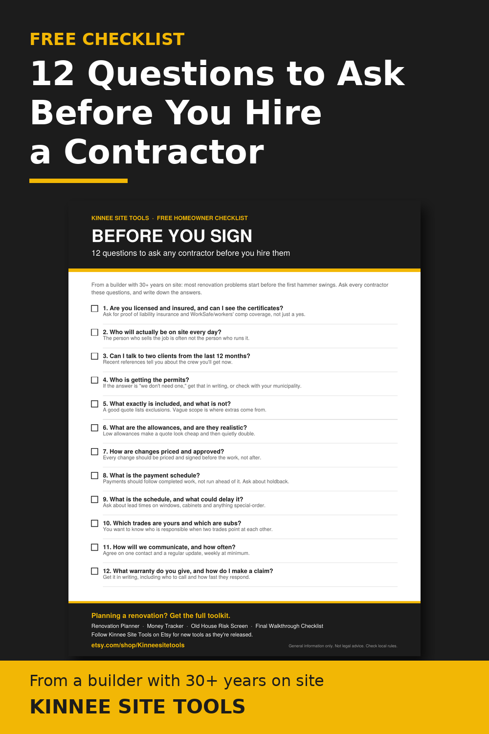 Before You Sign: 12 questions to ask before you hire a contractor, free checklist from Kinnee Site Tools
