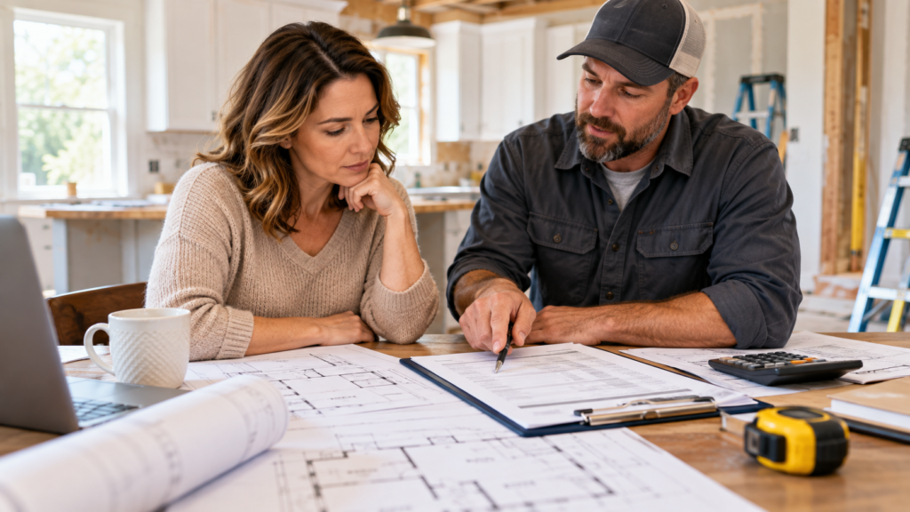 Homeowner reviewing a contractor change order with a contractor during a home renovation consultation