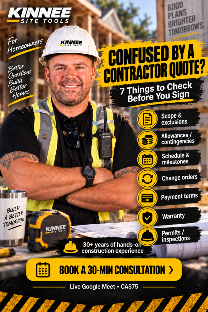 Homeowner contractor quote checklist showing 7 things to review before signing, including scope, allowances, schedule, change orders, payment terms, warranty and permits.