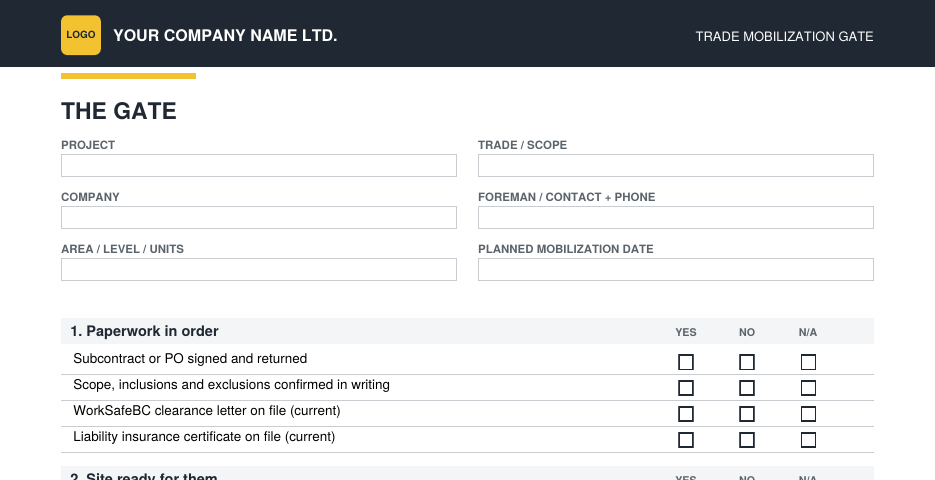Sample Trade Mobilization Gate page with a company name and logo in the header