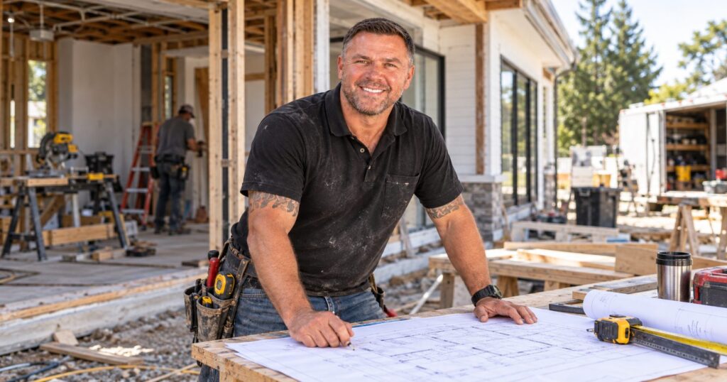 Builder reviewing construction drawings on a renovation job site
